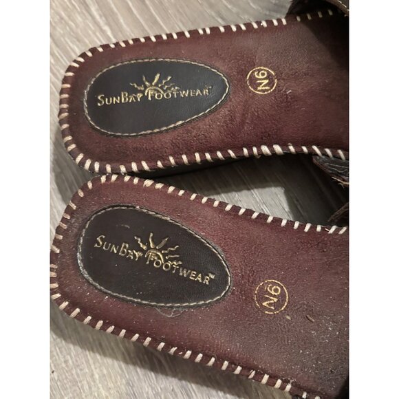SunBay Brown Leather Footwear Slide Sandals Size 9N Stitched Detail Open Toe - Picture 4 of 7